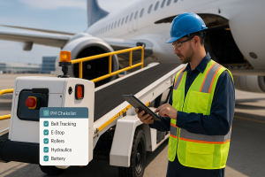 Ground support technician checks a digital PM checklist beside an airport belt loader aligned with an aircraft cargo door on the tarmac.